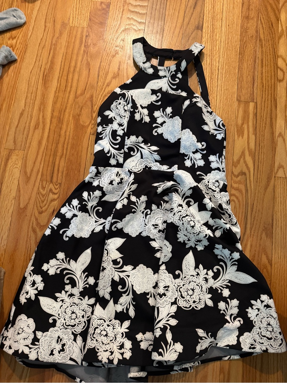 Sequin Hearts Black and White Floral Halter Prom Dress
